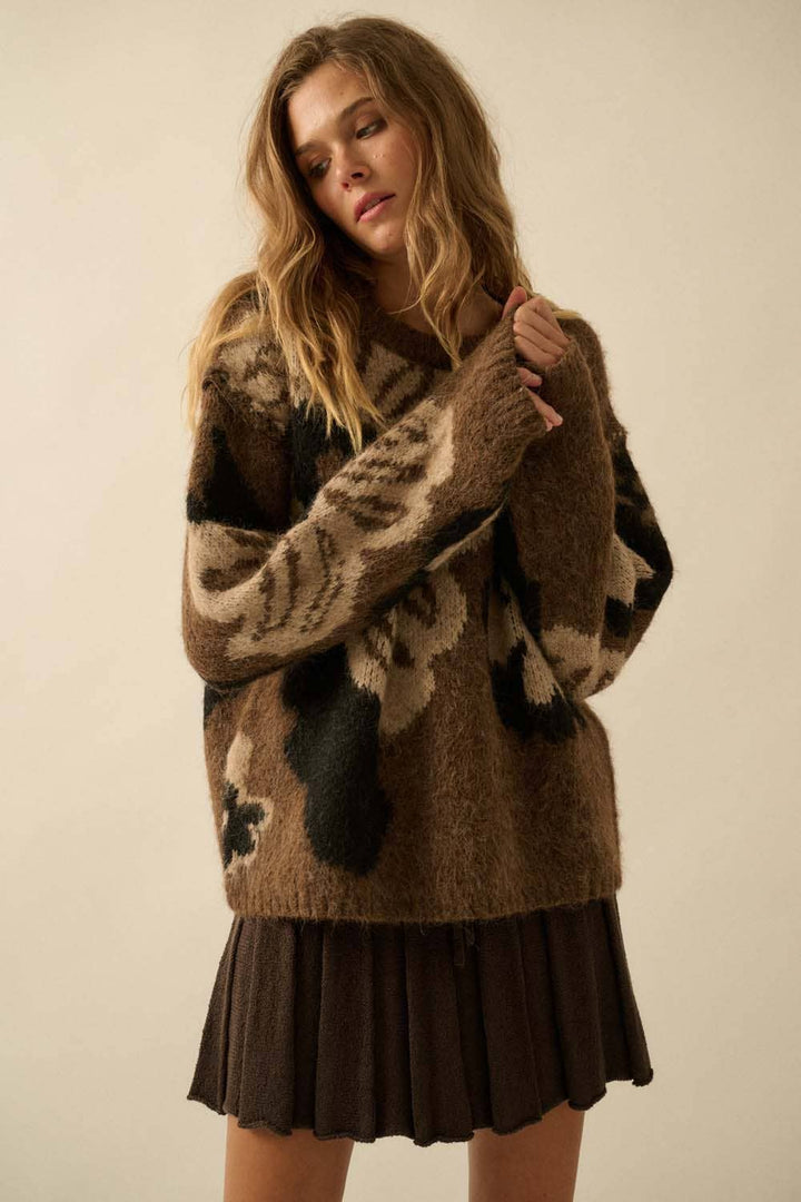 Floral Jacquard Exposed-Seam Sweater
