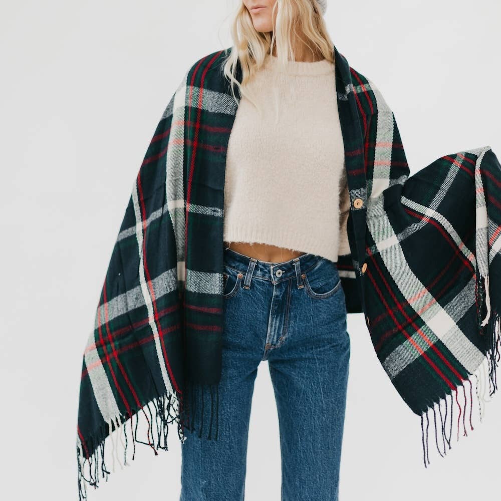 Button Plaid Shawl Scarf