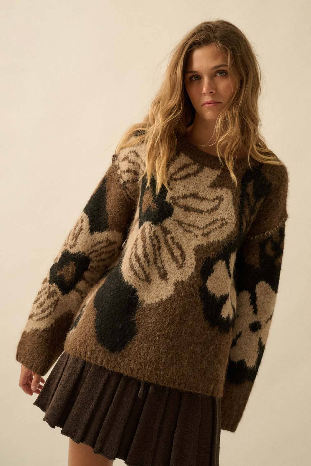 Floral Jacquard Exposed-Seam Sweater
