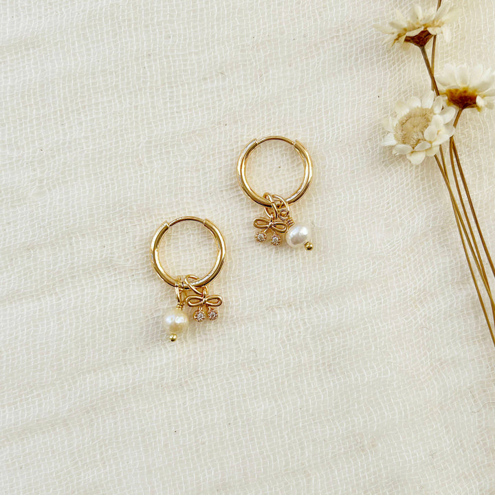Bow Pearl Charm Huggie Hoops