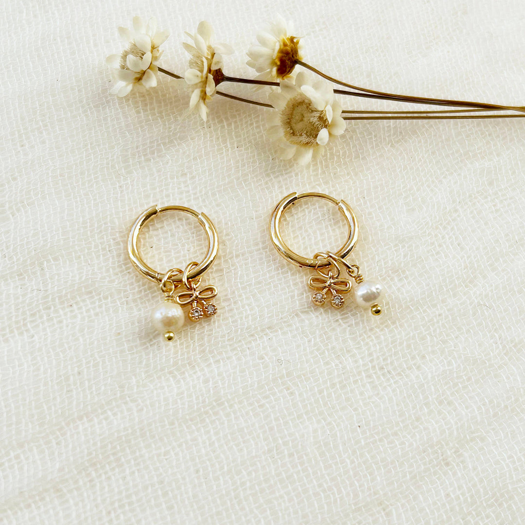 Bow Pearl Charm Huggie Hoops
