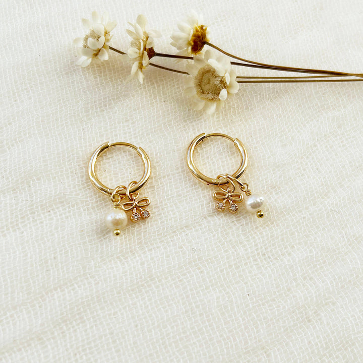Bow Pearl Charm Huggie Hoops