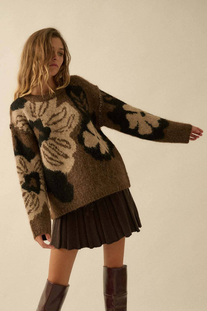 Floral Jacquard Exposed-Seam Sweater