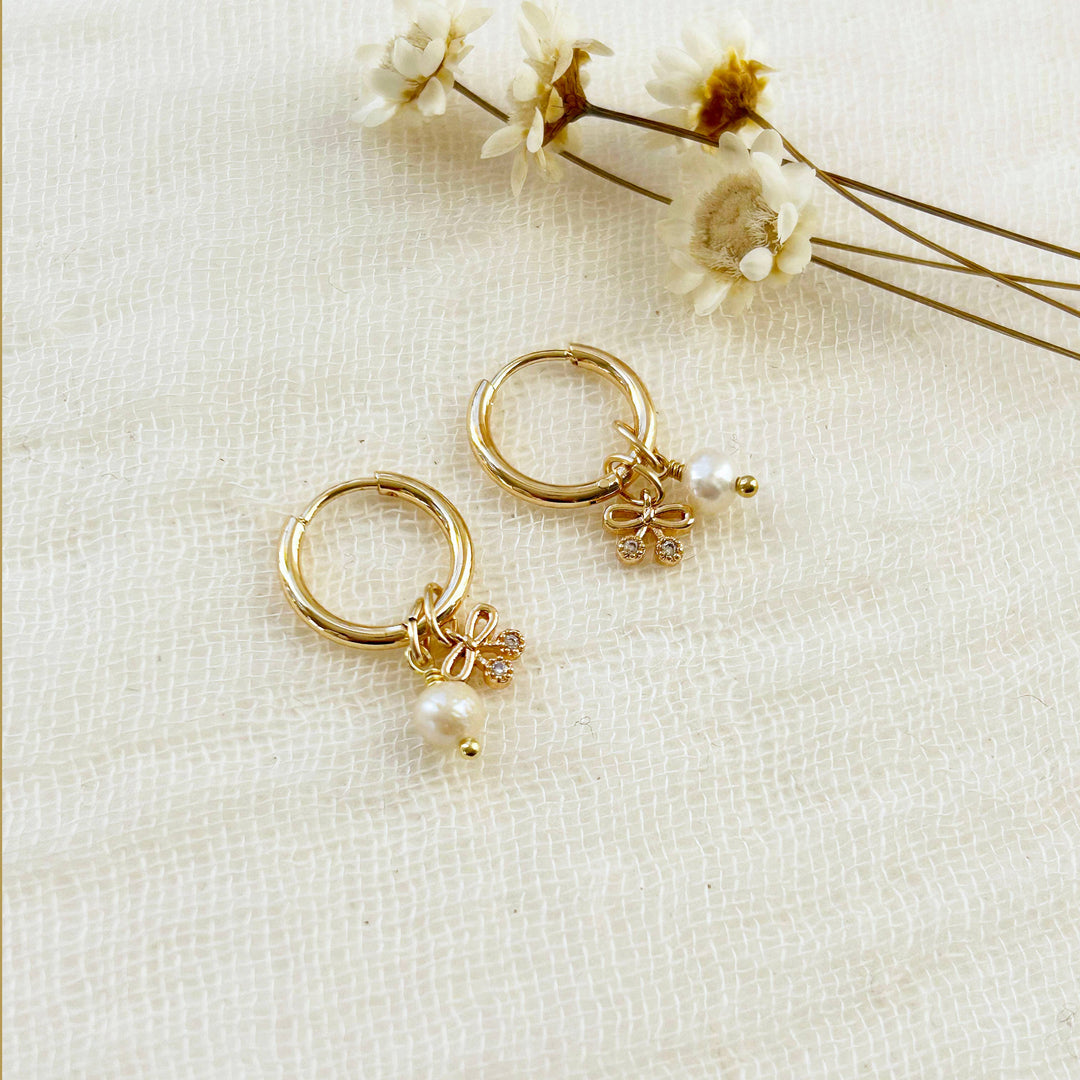 Bow Pearl Charm Huggie Hoops