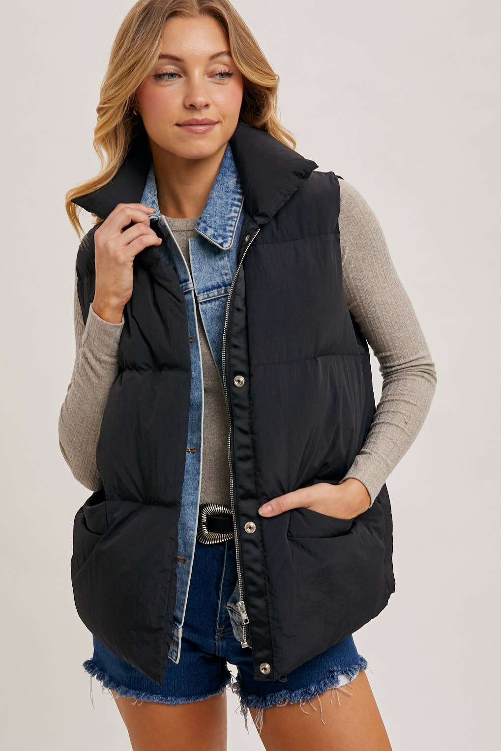 DENIM LAYERED PUFFER VEST